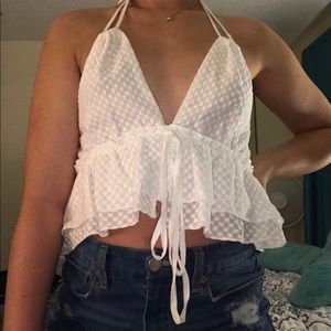 Self tie halter neck plunging peplum top